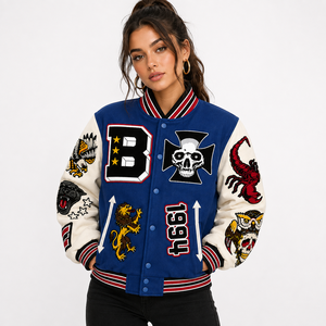 Blouson universitaire d'hiver en cuir brodé bleu de qualité supérieure, personnalisé, avec motif crâne et scorpion, rembourrage en polyester - Product Image 3