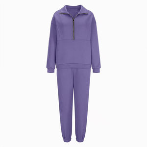 Conjunto de Sudadera con Media Cremallera y Pantalones Deportivos para Mujer, Color Morado Sólido, Tejido de Punto, Mezcla de Algodón, Manga Larga, Ropa Casual de Otoño - Product Image 2