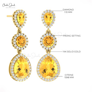 Top Quality 6.14 CTW Pear Cut Citrine & Diamond Engagement & Wedding <b>Earrings</b> 14k Solid Gold Halo Dangle Design Wholesale Price - Product Image 4