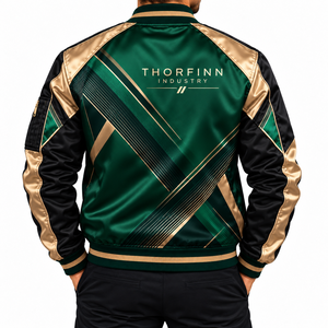 Chaqueta Bomber de Satén con Bloques de Color para Hombre, Dorado y Verde, Cortavientos, con Cremallera, Cuello Alto, para Otoño, Precio Económico, Venta al por Mayor, OEM Personalizado - Product Image 5