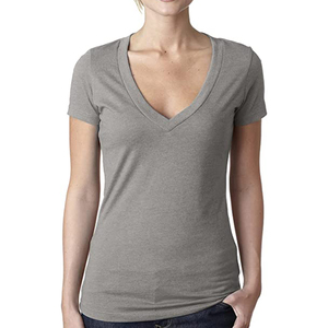 T-shirt décontracté pour femme, col en V, grande taille, séchage rapide, coton et polyester, été, longueur courte, broderie, imprimé, bouton, couleur gris, col en V - Product Image 3