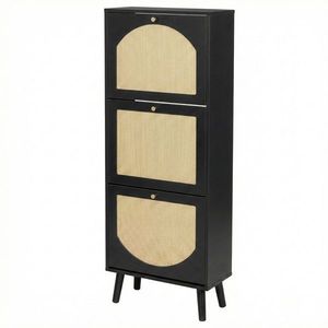 Scarpiera Nera a 3 Ripiani con Frontale in Rattan 54*24*135 cm in Truciolato - Product Image 4
