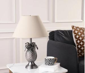 Pineapple <b>Table</b> <b>Lamp</b> Metal <b>Base</b> Beige Fabric Shade Empire Shape Decorative Lighting for Living Room Contemporary Design - Product Image 3