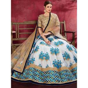 Ropa Zeel, Lehenga Choli de Seda Banglari con Estampado Floral Azul y Blanco, Semi-Confeccionada, para Bodas, 2.5 kg, Envío Manual - Product Image 5