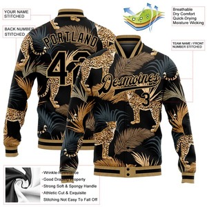 Blouson universitaire personnalisé noir et or vieilli avec imprimé léopard 3D, style bomber à boutons-pression, pour la vente en gros de tenues d'équipe tropicales - Product Image 2