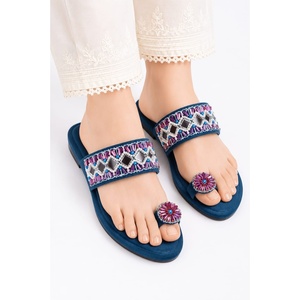 Women's Embroidered <b>Slide</b> Sandals With Geometric Pattern And Floral Toe Ring Blue Summer Fashion Slippers - Product Image 1
