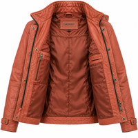 Veste en cuir pour femme, couleur cognac, style utilitaire, quatre poches, col à boucle, fermeture éclair et boutons-pression, coupe ajustée, décontractée, streetwear