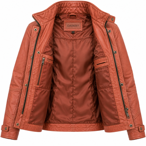 <b>Womens</b> Utility Rust Cognac Leather Coat Four Pocket Buckle Neck Zip Snap <b>Outerwear</b> Fitted Casual Ladies Streetwear Jacket - Product Image 5