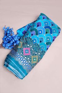 Tissu imprimé géométrique bleu aqua avec motifs miroir et bordure épaisse pour la confection de Kurtis – Vêtements ethniques de créateur - Product Image 6