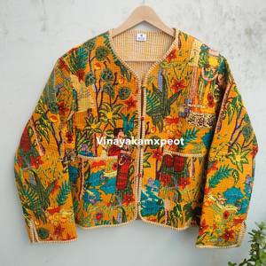 Chaqueta acolchada amarilla mostaza para mujer, abrigo Kantha de algodón con estampado vintage, hermosa chaqueta acolchada de algodón hecha a mano para mujer - Product Image 6