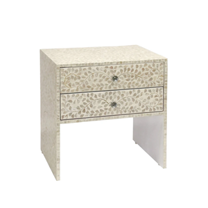 Mesita de noche moderna de lujo con incrustaciones de enredaderas florales blancas y dos cajones hechos a mano, mesita de noche decorativa de Capiz para dormitorio - Product Image 1