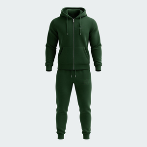 Ensemble de survêtement à capuche vert foncé pour homme, manches longues, couleur unie, décontracté, pour l'automne, coupe classique avec poches latérales et fermeture éclair - Product Image 1