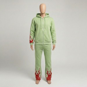 Survêtement unisexe vert avec imprimé flamme rouge, sweat à capuche zippé et pantalon, tenue décontractée pour adultes, saison automne, 100% coton - Product Image 5