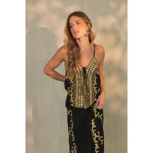 Vestido maxi bohemio de lujo negro y dorado bordado para mujer, sin mangas, con tirantes finos, estilo caftán para noche o resort. - Product Image 1