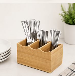 Premium Eco-Friendly 3-Compartment Cutlery Holder Natural Wood Silverware <b>Caddy</b> & Utensil Organizer For <b>Kitchen</b> Countertop - Product Image 2