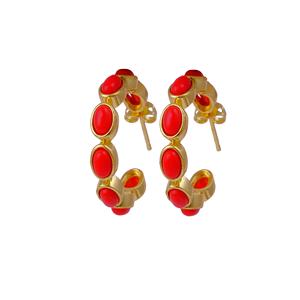 Pendientes de Aro de Coral Rojo Hechos a Mano con Diseño de Piedras Preciosas, Chapados en Oro, Joyería de Latón Ovalada, Piedra de Nacimiento de Moda, Venta al por Mayor, El Joyero Bezel - Product Image 1