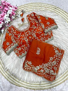 Sari Premium Fendi de Satén con Lentejuelas y Bordado Codificado, con Borde Calado y Blusa de Diseñador Completamente Cosida - Product Image 1