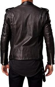 Men's Original Leather Moto <b>Jacket</b> Slim Fit Zipper Closure Turn-down Collar Regular Length Solid Color Biker Style Autumn Wear - Product Image 2