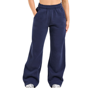Pantalones de chándal de algodón para mujer, de pierna ancha, de cintura media, holgados, largos, color azul marino liso, informales, para otoño - Product Image 1