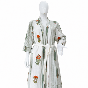 Soft Cotton Floral Bathrobe Women <b>Pink</b> Flower Leaf Block Print Spa Robe Morning Gown Lightweight Comfort Dressing Gown - Product Image 1