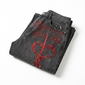 Jean ample pour homme style américain, orné de cristaux, imprimé tie-dye, coupe droite large, streetwear - Product Image 6