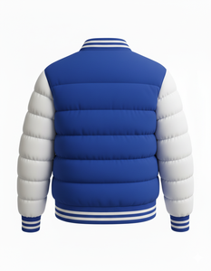 Chaqueta Acolchada Varsity Azul Rey y Blanca para Hombre, Chaqueta Bomber de Invierno con Botones a Presión, Ropa Urbana, Logotipo Personalizado, Fabricante OEM ODM - Product Image 3