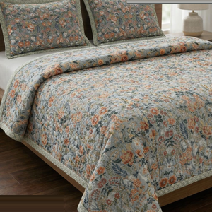 Elegant Floral Quilted Bedcover <b>Set</b> | 3Pc Premium Cotton Feel AC Quilt Double Bed Comforter with Pillow Covers Soft <b>Bedding</b> <b>Set</b> - Product Image 1