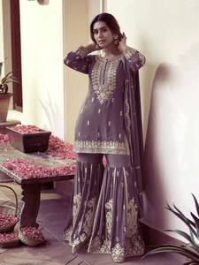 Ensemble Salwar Kameez en soie brodée, style Sharara indien pakistanais pour femmes, avec dupatta, pour mariage, fête, Diwali - Product Image 1