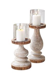 Porte-bougie en verre sur base en bois foncé, style rustique moderne, accessoire décoratif pour le salon et la chambre à coucher - Product Image 2