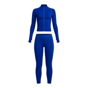 Women's Custom Color 2-Piece Yoga Set Crop Top Zipper Stand Neck Mid Full Length <b>Leggings</b> <b>Seamless</b> Sweat Wicking Stretch Thumb - Product Image 1