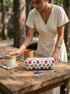 Estuche de Lápices Acolchado de Algodón con Diseño Floral Rosa |   Estuche para Papelería con Estampado a Mano, Bolsa de Maquillaje Hecha a Mano, Caja Protectora de Cosméticos de Alta Calidad - Product Image 5