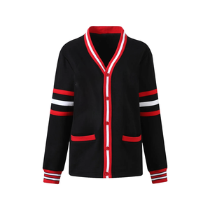 Cardigan unisexe décontracté en chenille noire à col en V, en laine/cachemire, avec lettres grecques brodées, bordure côtelée et confortable - Product Image 1