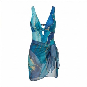 Women's Blue Gradient Chiffon Swimdress Deep V Neck Twist Front Draped Wrap <b>Skirt</b> 2 Piece <b>Set</b> Tummy Control Shapewear Beachwear - Product Image 1