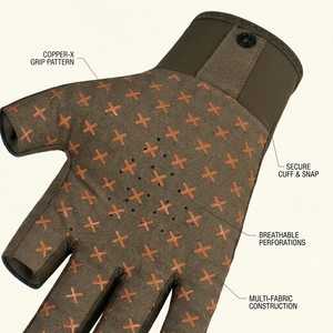 Gants de pêche en néoprène isolés antidérapants avec fermeture auto-agrippante unisexe toutes saisons marron avec motif en X orange - Product Image 6