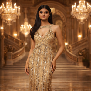 Vestido de Diseñador Largo Hasta el Suelo, Moderno, Natural, de Alta Calidad Premium, Adornado a Mano con Lentejuelas Brillantes y Cuentas, para Eventos en Resorts y Playa - Product Image 2