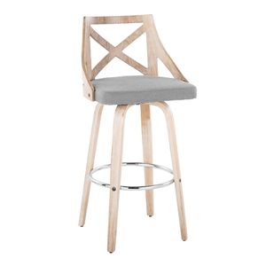 Sgabello da bar Charlotte da 30 pollici a altezza fissa con base girevole, in legno bianco anticato e tessuto grigio chiaro, finitura in metallo cromato, stile rustico - Product Image 2