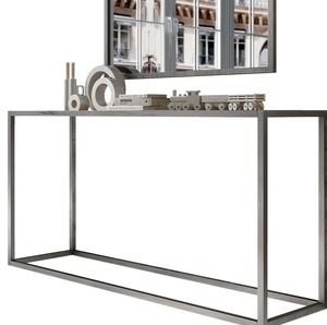 Mesa Consola Convertible Moderna de Estilo Industrial con Espejo, Diseño de Marco Abierto de Metal Plateado, Mueble Minimalista para Entrada u Hotel - Product Image 1