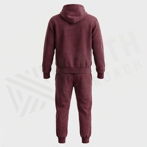 Men's <b>Maroon</b> Hooded Tracksuit Full Sleeve Solid Color Casual Sweatshirt and Joggers Set with Drawstring Pockets Regular Fit - Product Image 2