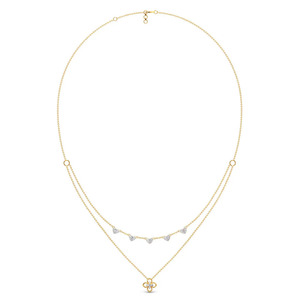 Layered Heart Charm Diamond <b>Necklace</b> with <b>Delicate</b> Double Chain and Floral Drop Accent Design - Product Image 2