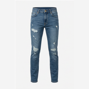Jean en denim déchiré coupe droite pour homme, taille haute, coupe slim, en coton, délavé, style décontracté, idéal pour le printemps - Product Image 1