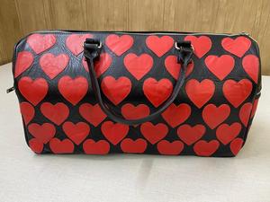Black Leather <b>Duffel</b> <b>Bag</b> With Red Heart Pattern Zipper Closure <b>Large</b> Capacity Weekender Travel <b>Bag</b> Unisex Soft Handle - Product Image 1