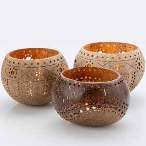 Porte-bougie en coquille de noix de coco sculpté à la main, de qualité excellente, support pour bougies chauffe-plat, centre de table pour mariage - Product Image 1