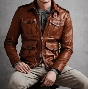 <b>Men's</b> <b>Brown</b> Genuine <b>Leather</b> Moto Biker <b>Jacket</b> Turn-down Collar Zipper Closure Regular Fit Autumn Wear - Product Image 5
