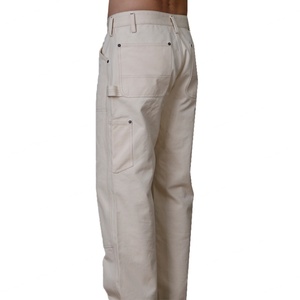 Jean en denim utilitaire beige cassé pour homme, coupe droite classique, avec rivets et ourlet retroussé, pantalon décontracté - Product Image 2