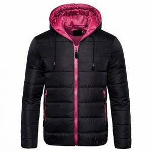 Veste matelassée à capuche unisexe bleu marine avec doublure blanche, coupe-vent, fermeture éclair, veste d'hiver coupe classique, manches longues, légère - Product Image 5