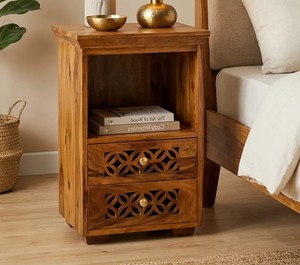 Hand-Carved Geometric 2-Drawer <b>Table</b> | Factory Direct Solid Wood Carved <b>Bedside</b> Nightstand | OEM ODM Jodhpur India - Product Image 1