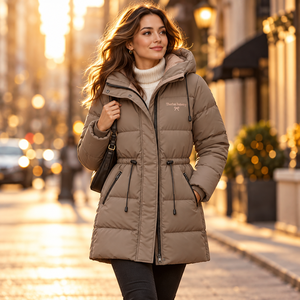 Thorfinn Industry <b>Women</b> Hooded Long Quilted Puffer <b>Jacket</b> Winter <b>Brown</b> Zip Up Drawstring Waist Coat Wholesale Rate Custom - Product Image 4