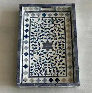 Plateau décoratif en incrustation d'os d'élégance moderne, accent rectangulaire élégant pour la décoration intérieure, présentoir de plats et d'assiettes de service - Product Image 4