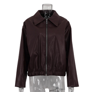 Blouson bomber marron foncé pour femme, manches longues, col rabattu, fermeture éclair, couleur unie, longueur courte, matière polyester - Product Image 2