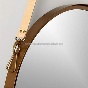 Antique Brass Shaving <b>Mirror</b> Wall Mounted <b>Round</b> Shape <b>Hanging</b> with Belt for Washroom Bathroom Use Elegant Design - Product Image 3